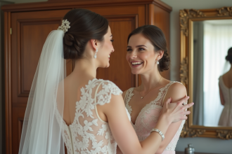 Jeune femme souriante ajuste le voile de la mariée dans une chambre élégante
