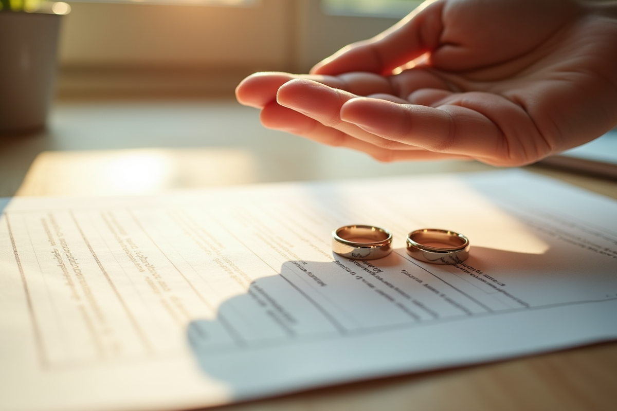 Alliances sur documents de mariage avec main en suspension