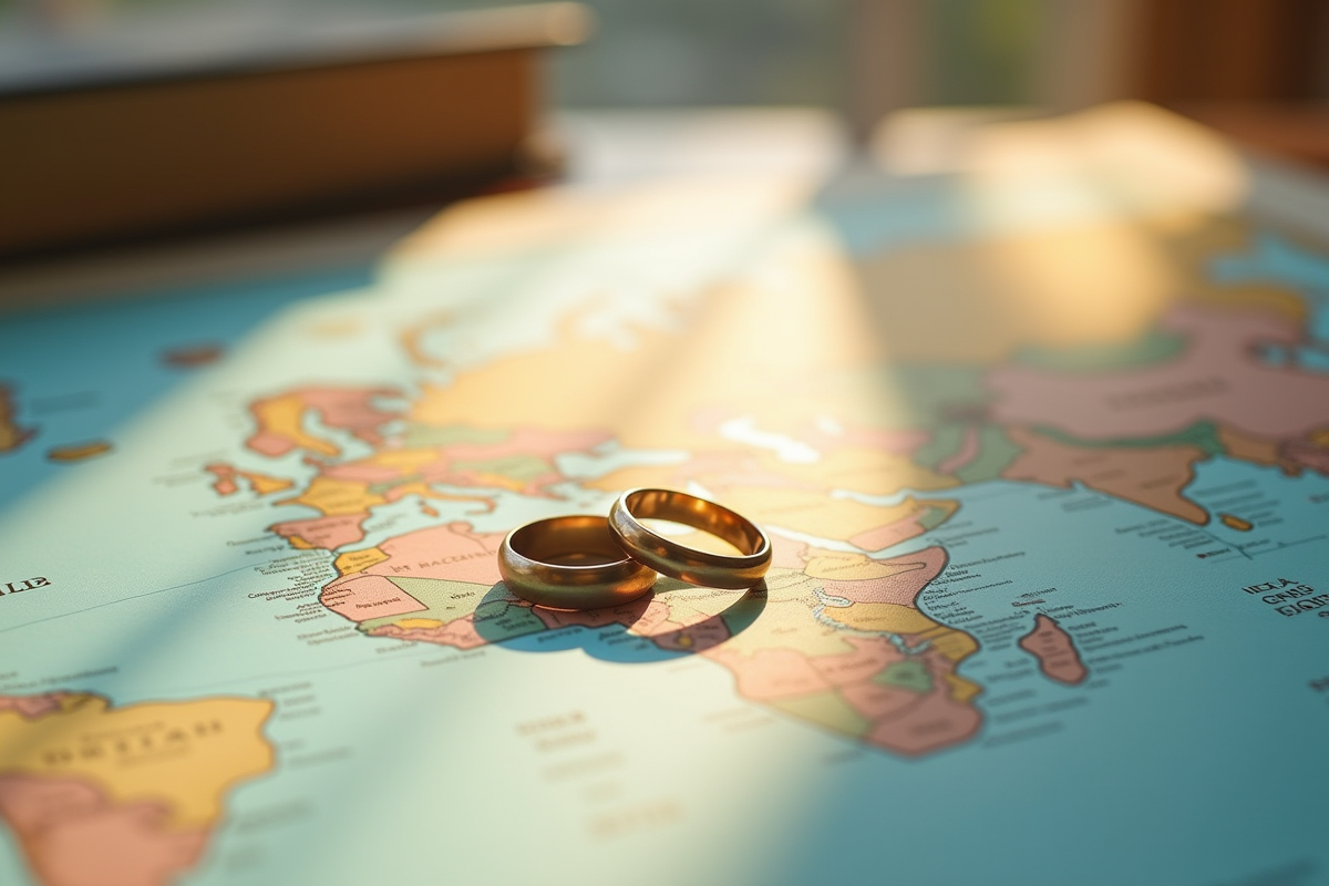 Alliances de mariage sur carte du monde avec itinéraire de lune de miel