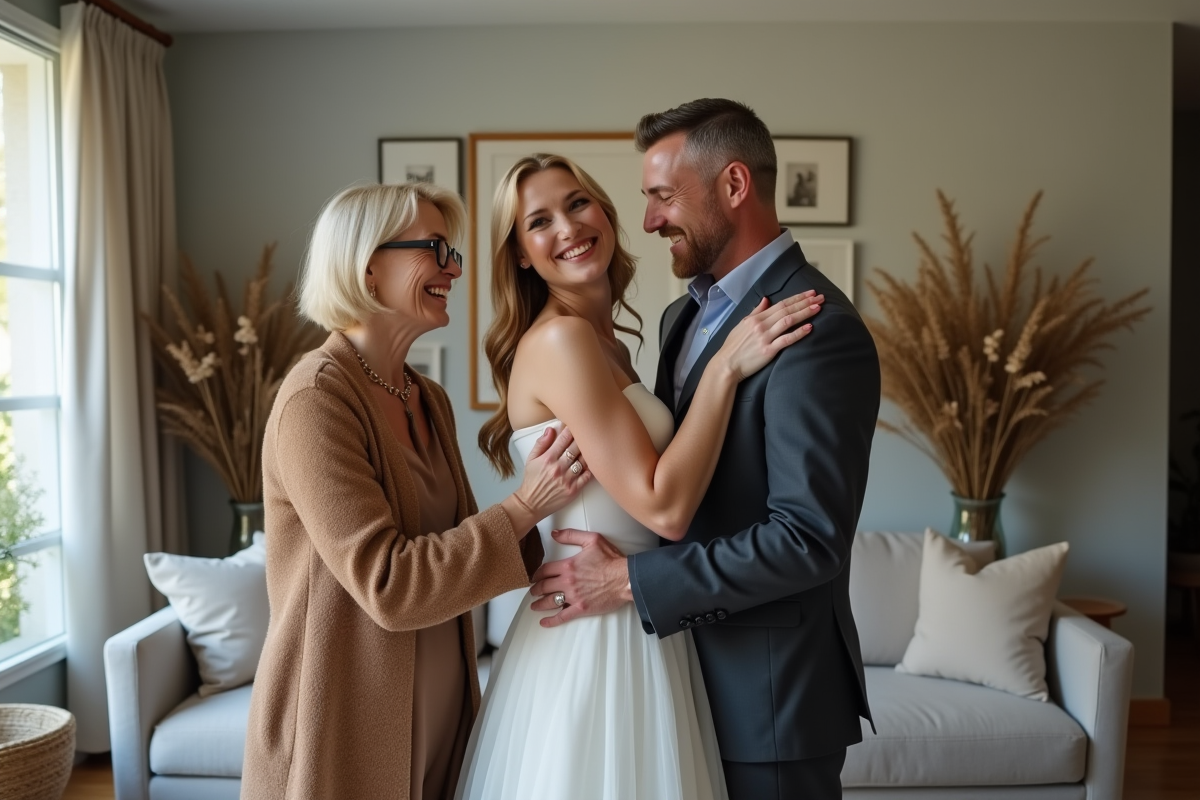 Amis accueillants félicitant un couple dans un salon décoré