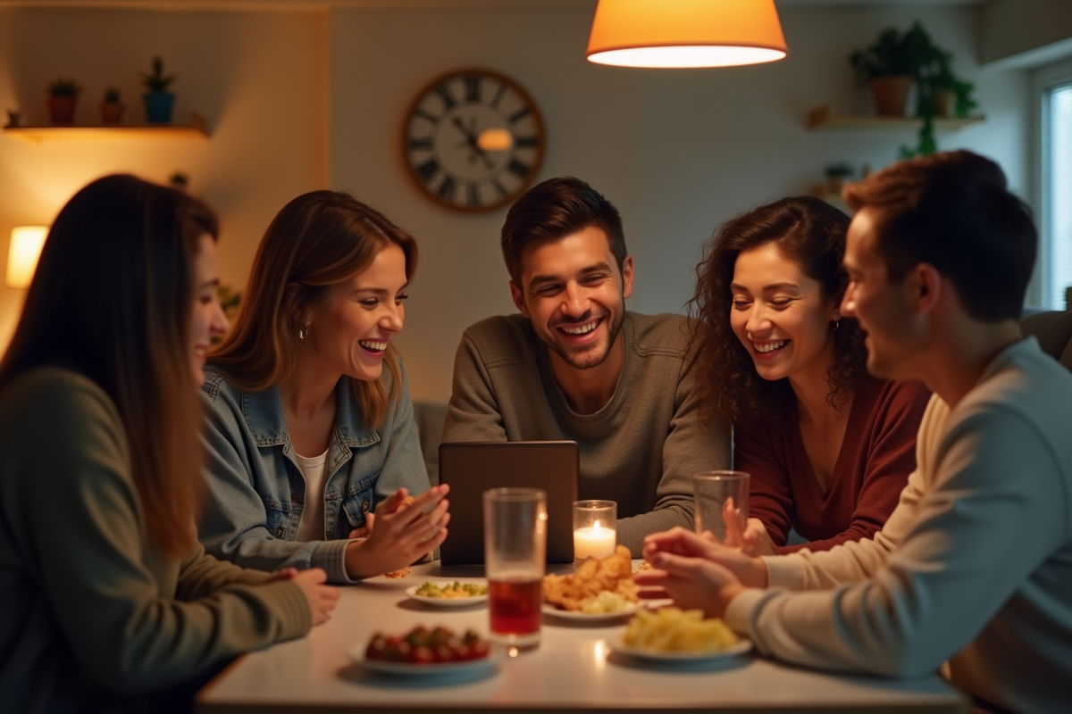 Groupe d'amis autour d'une table en soirée chaleureuse