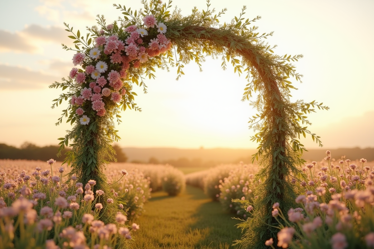 Arche de mariage décorée de fleurs pastel en campagne