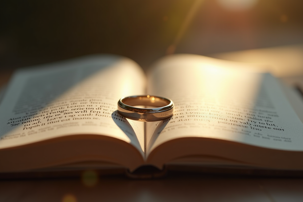 Anneau de mariage posé sur un livre avec lumière naturelle