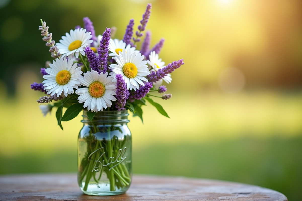 Bouquet de fleurs sauvages dans un bocal en bois naturel