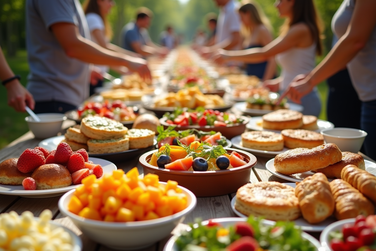 Buffet brunch en plein air avec plats colorés et soleil
