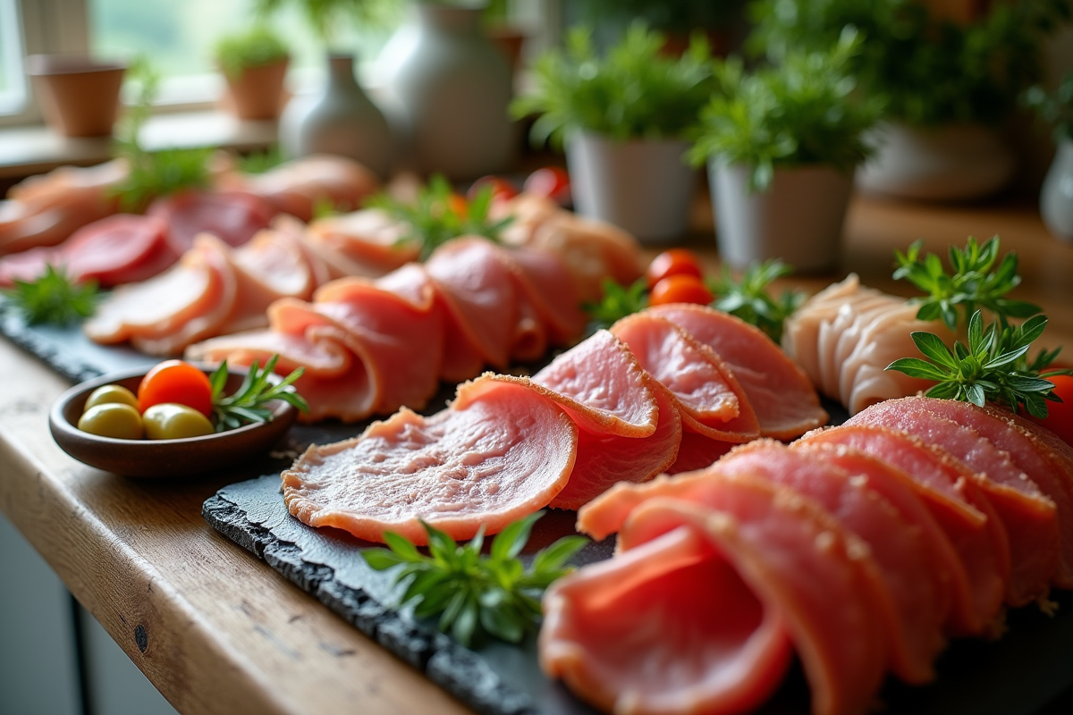 Buffet élégant avec charcuterie variée près d'une fenêtre