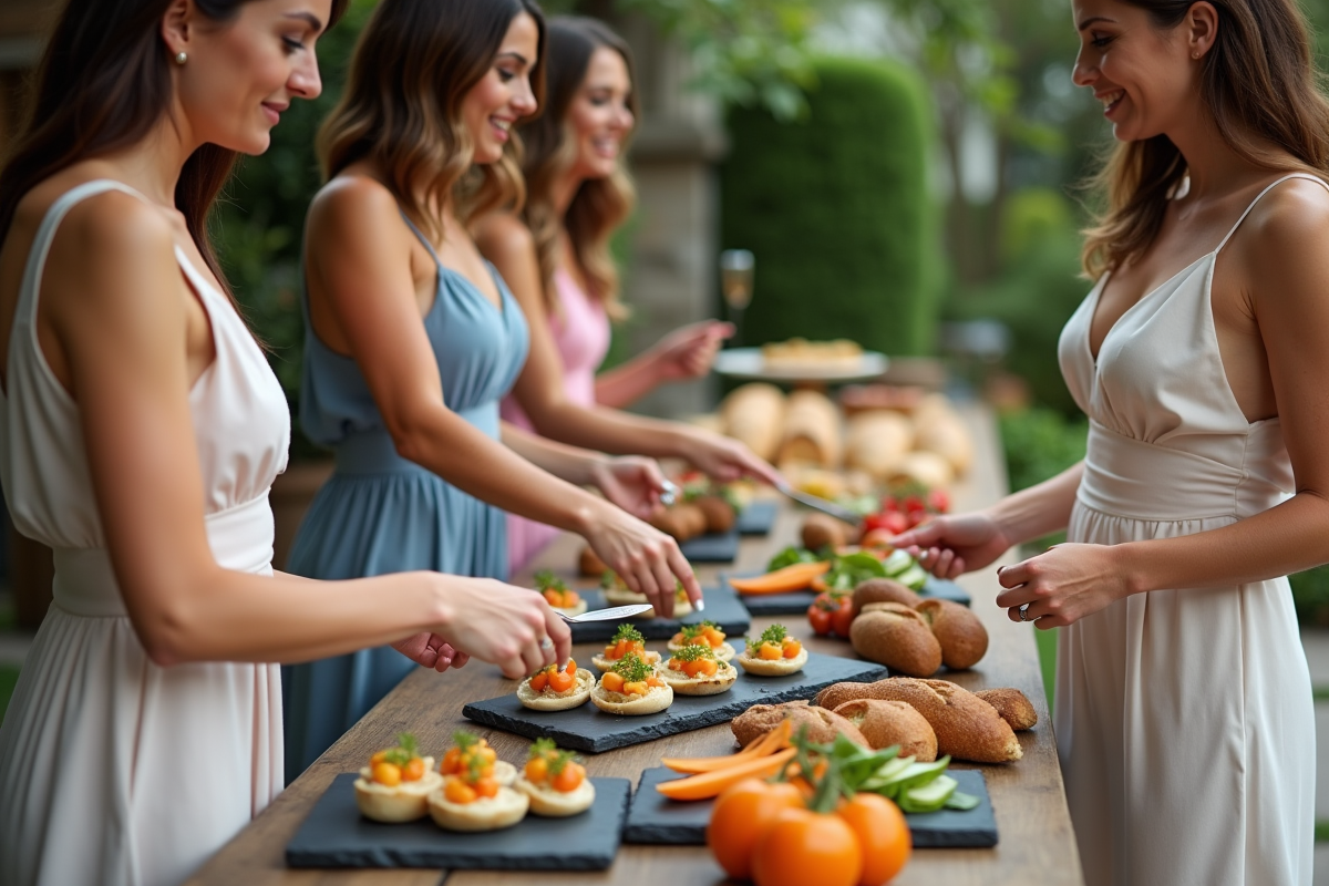 Groupe de femmes servantes au buffet en extérieur
