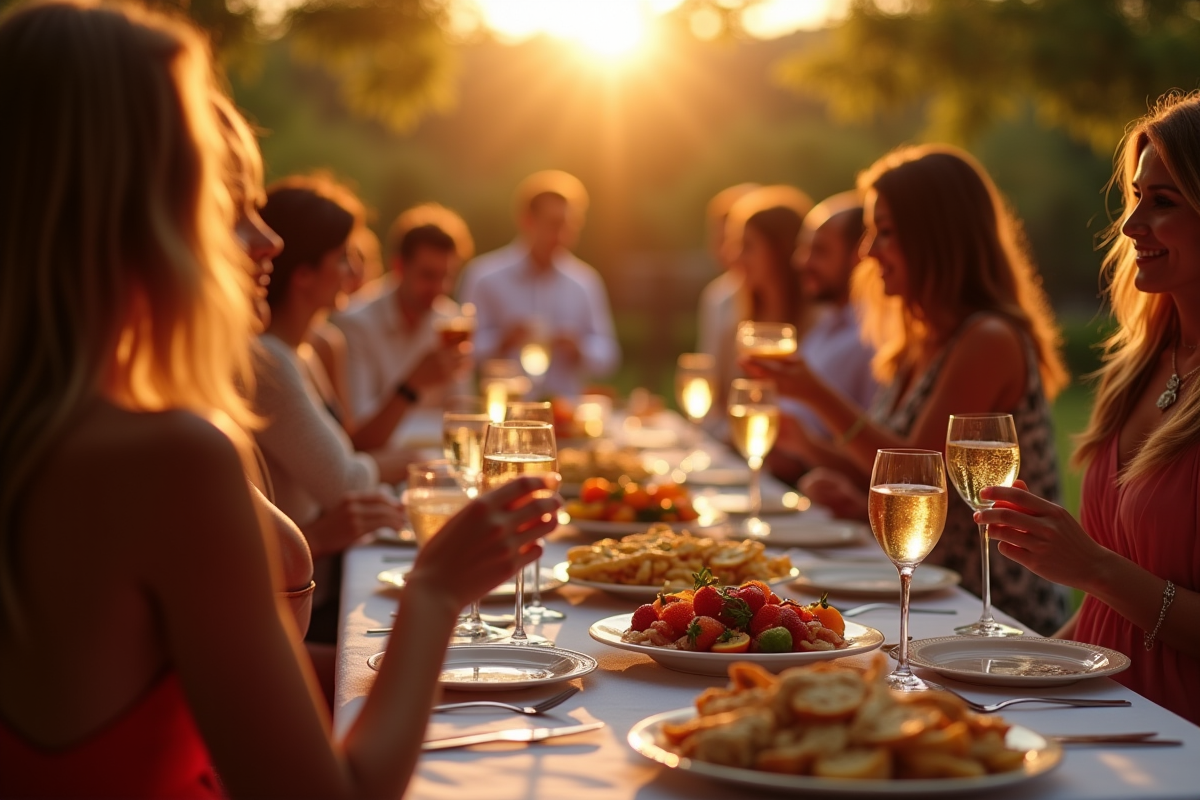 Soirée cocktail élégante au coucher du soleil avec invités