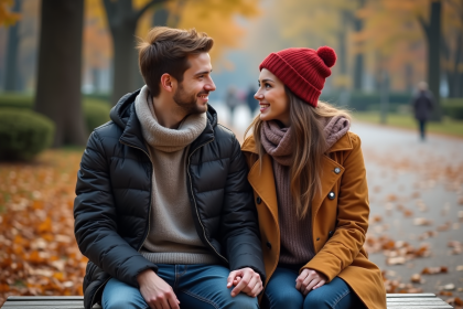 Jeune couple main dans la main dans un parc automnal