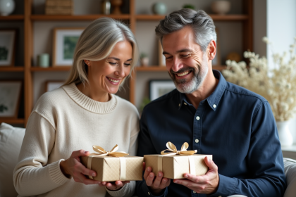 Couple souriant échangeant des cadeaux dans un salon chaleureux