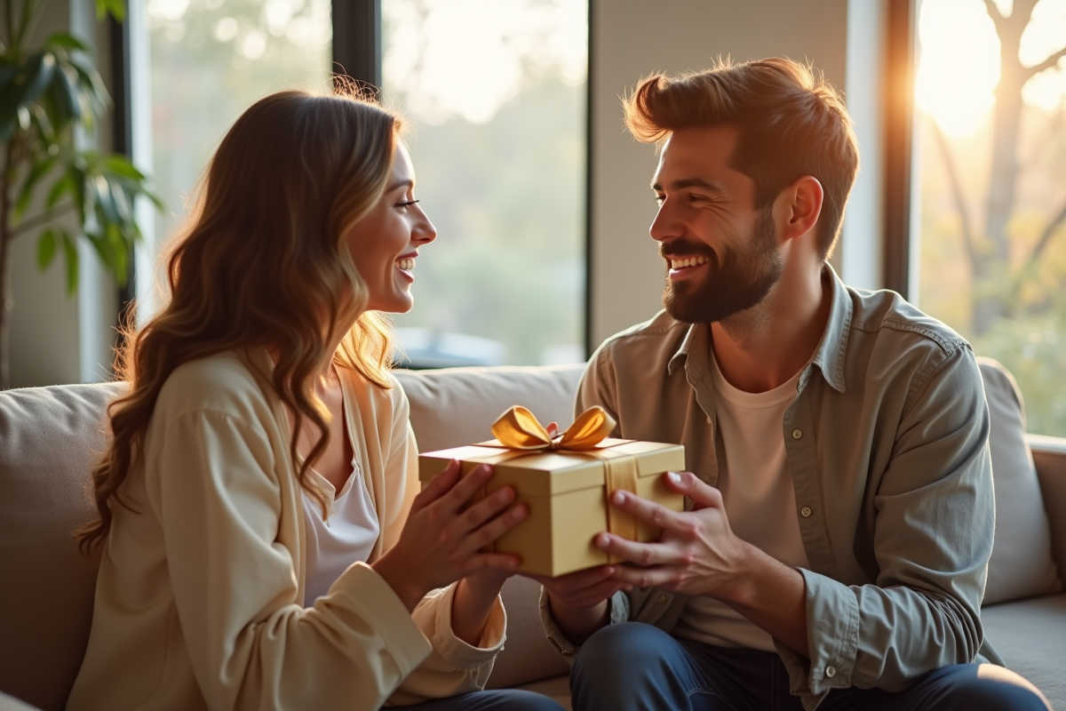 Couple échangeant des cadeaux élégants dans un salon lumineux