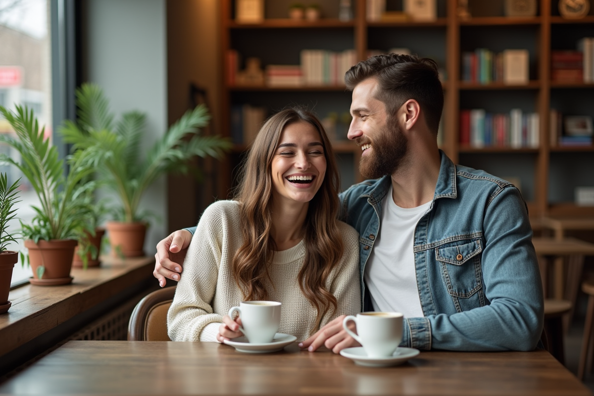 Jeune couple riant dans un café cosy en intérieur