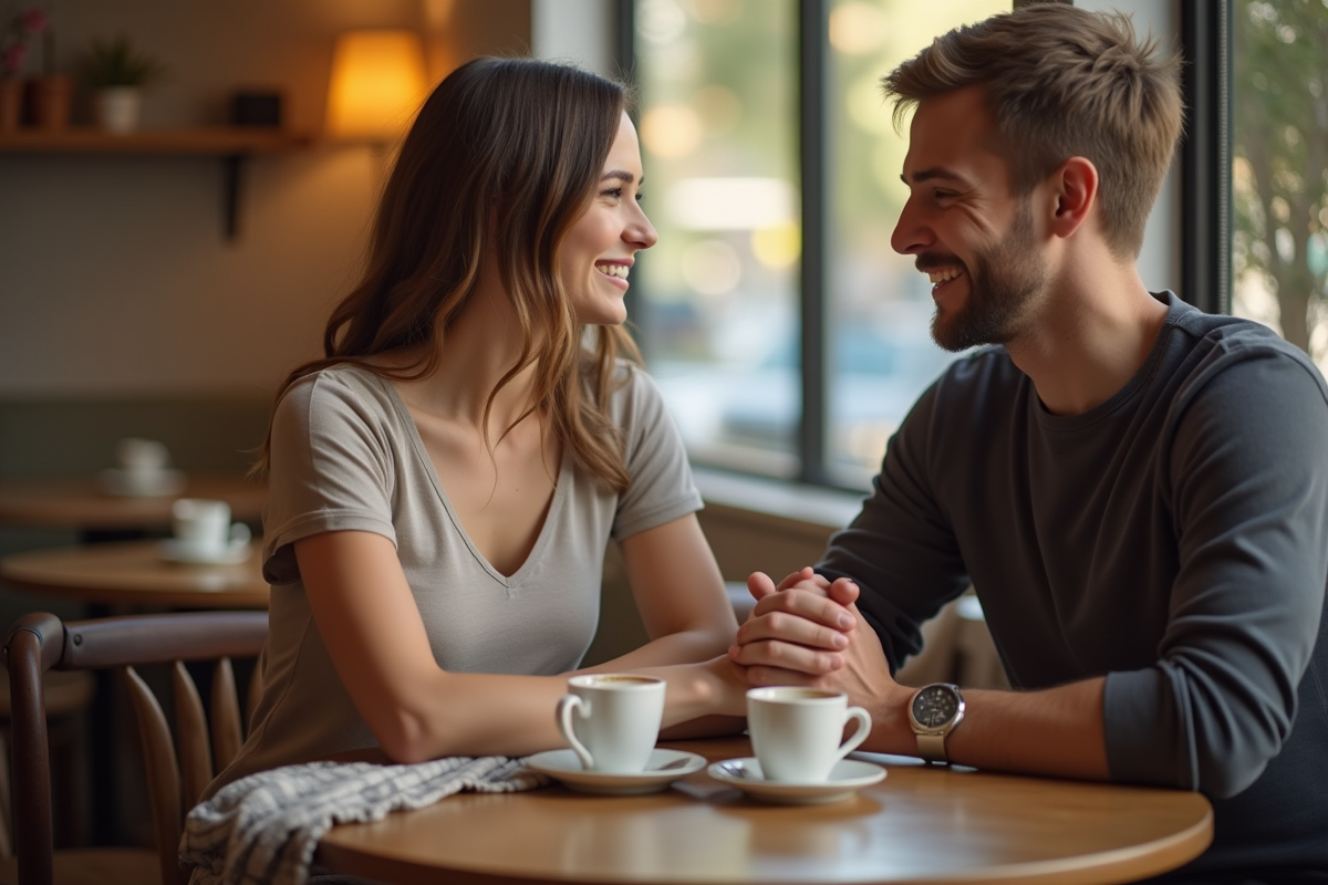 Couple souriant tenant la main dans un café chaleureux