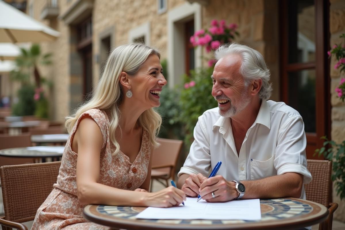 Couple riant au café dans la vieille ville de Gibraltar