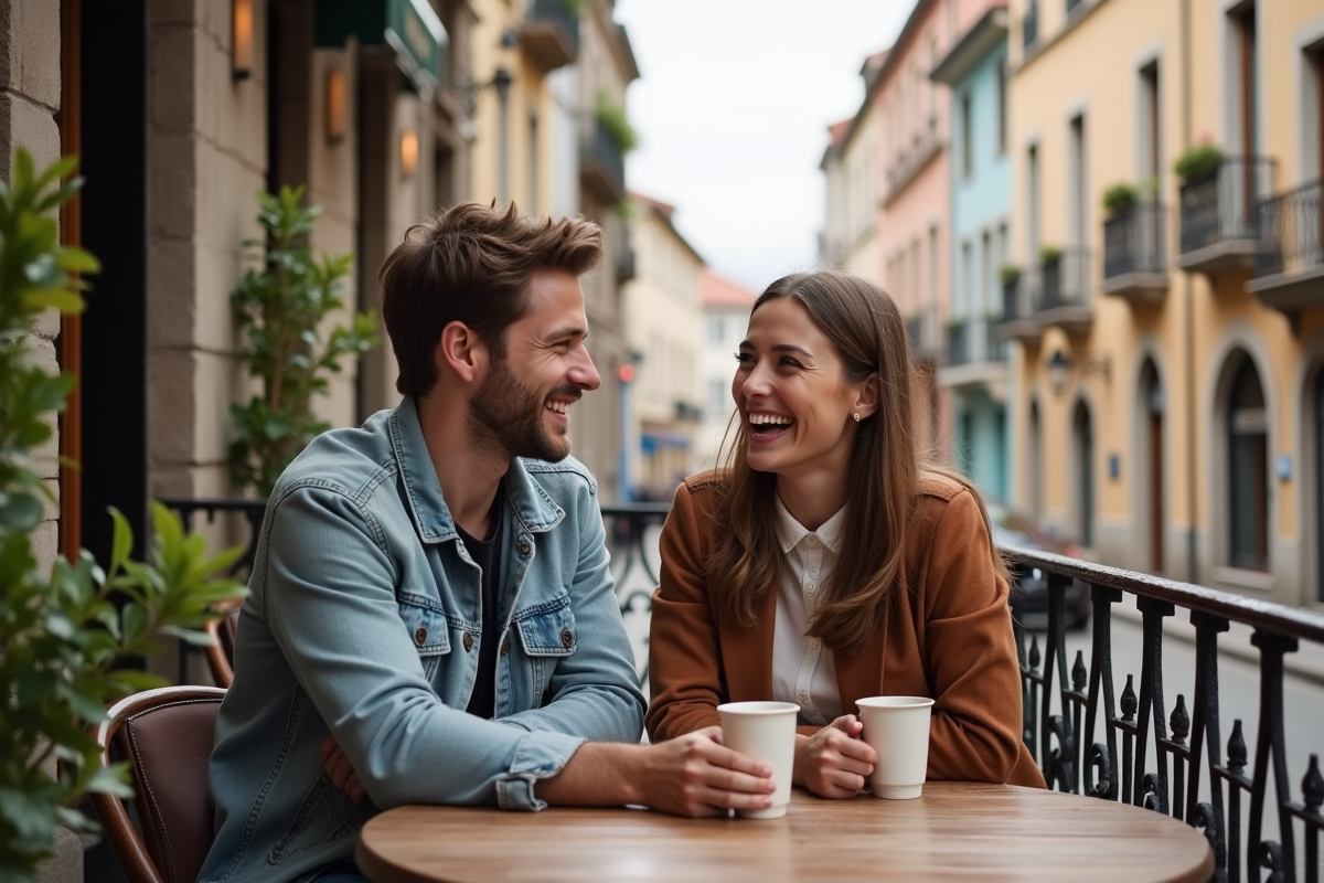 Jeune couple riant au café dans une rue européenne romantique