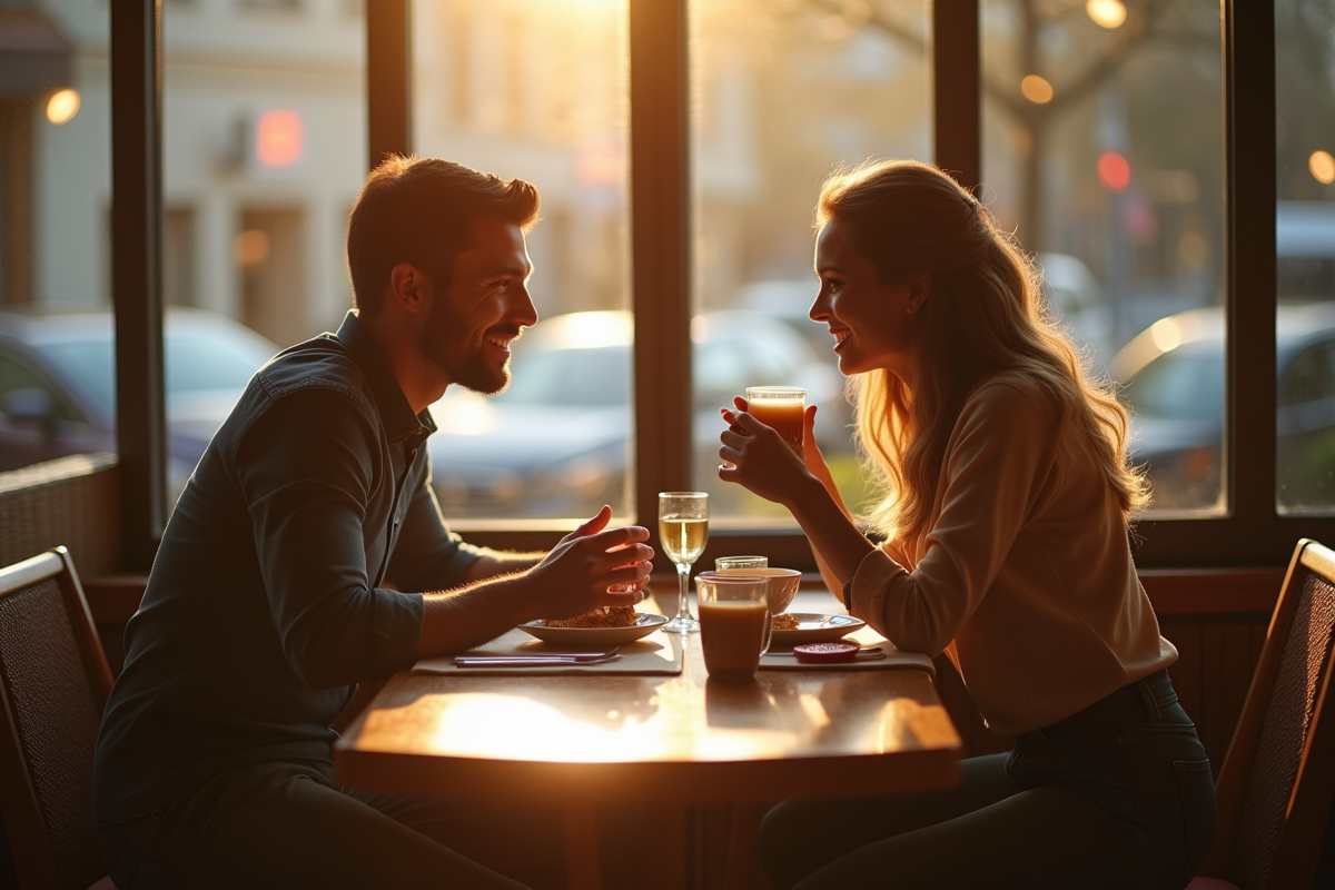 Couple souriant dans un café lumineux et chaleureux