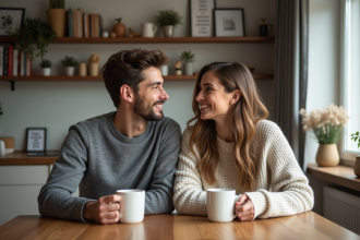 Couple assis à une table de cuisine chaleureuse