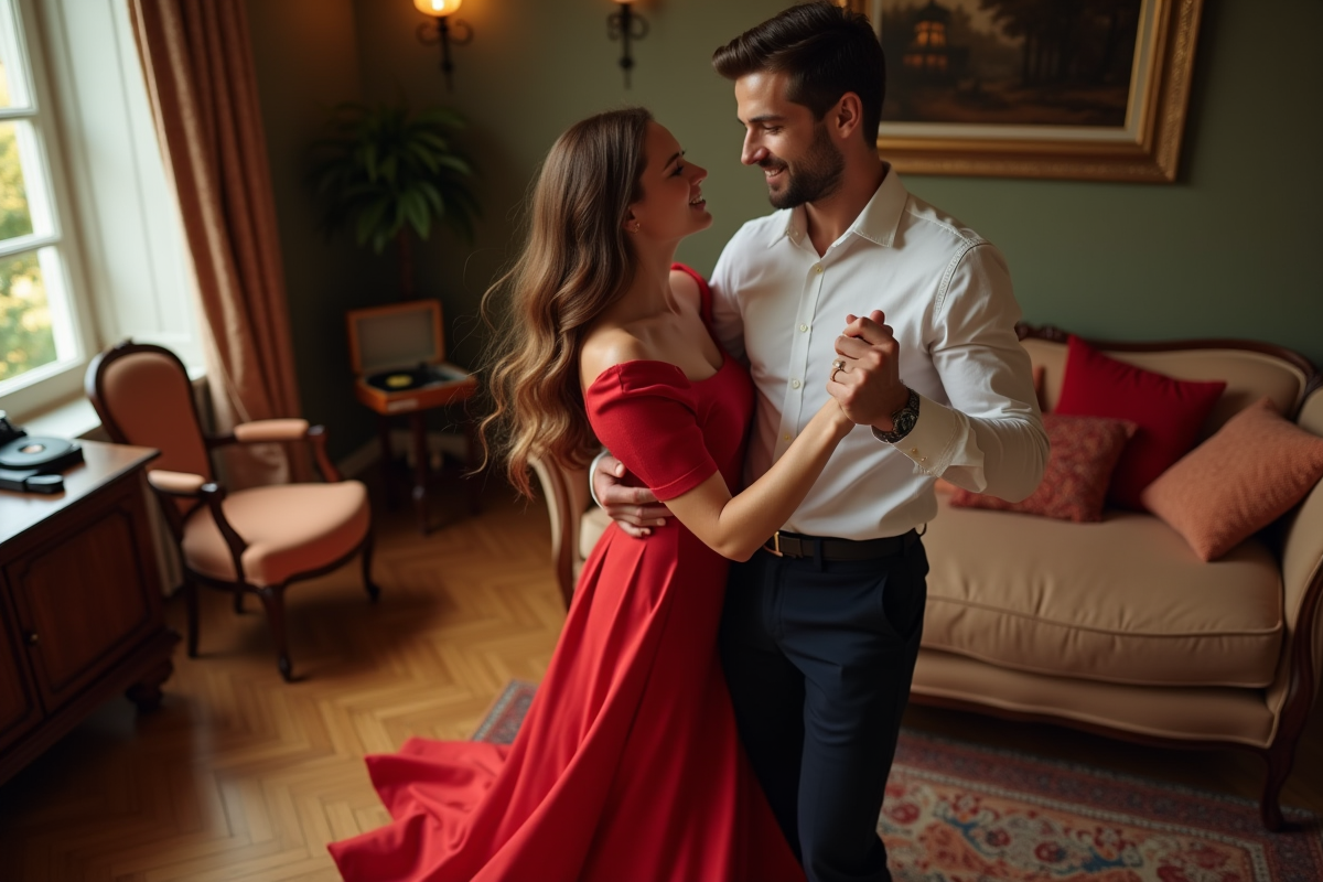 Couple dansant dans un salon élégant et chaleureux