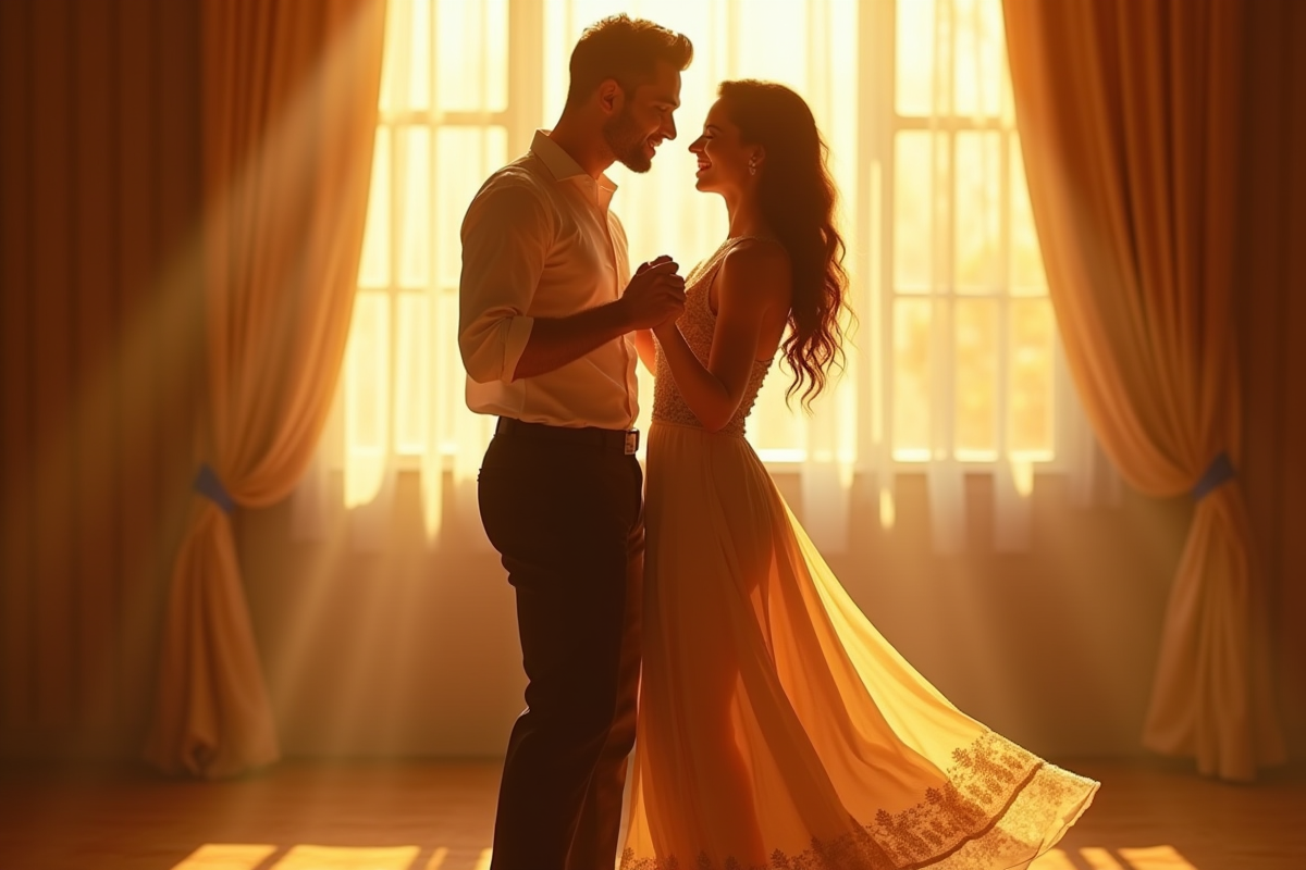 Couple dansant dans un studio élégant avec lumière dorée