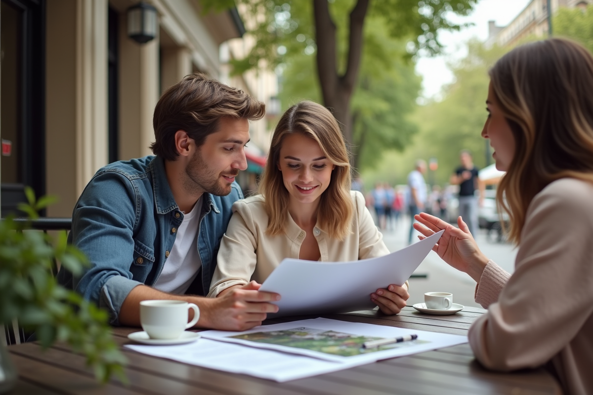 Jeune couple discutant avec planificateur en extérieur