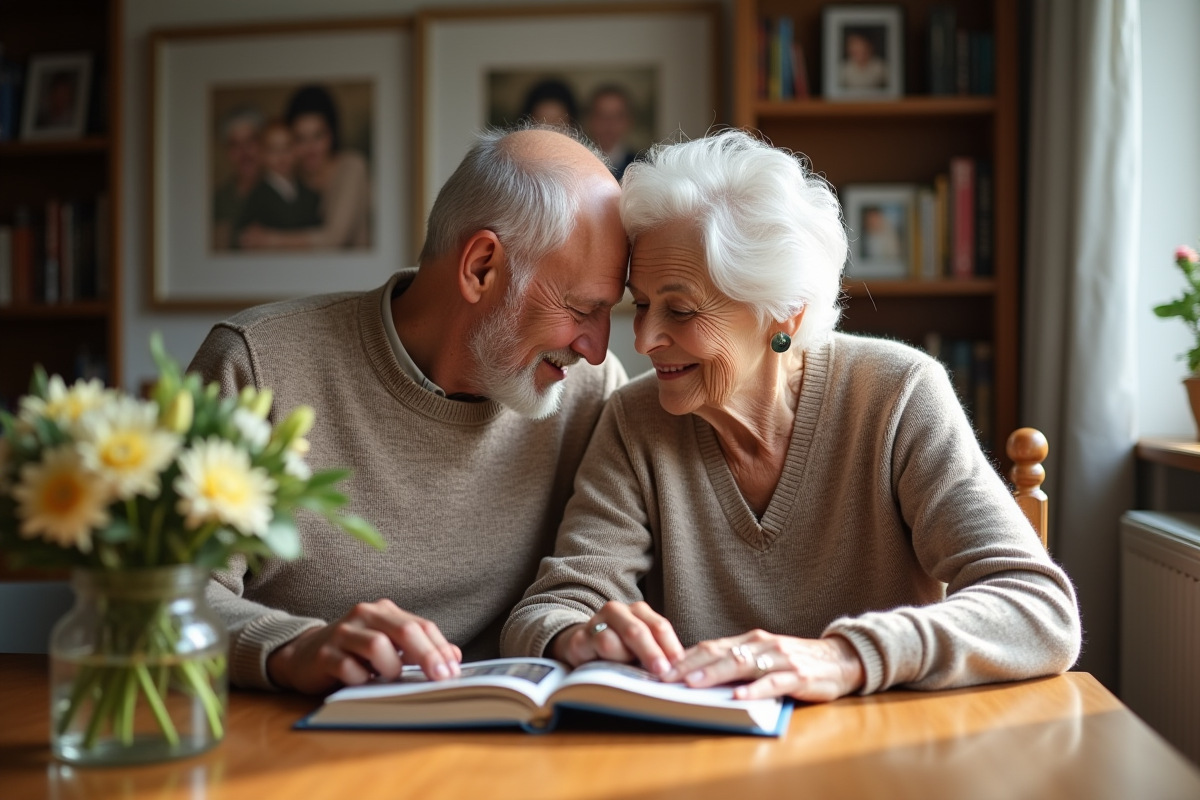 Couple âgé partageant un moment dans une salle à manger