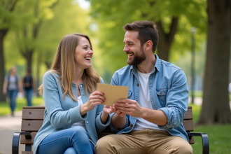 Couple souriant échangeant une carte dans un parc en plein air