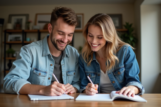 Couple souriant jouant au jeu Elle et Lui à la maison