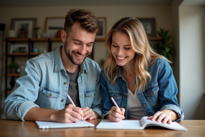 Couple souriant jouant au jeu Elle et Lui à la maison