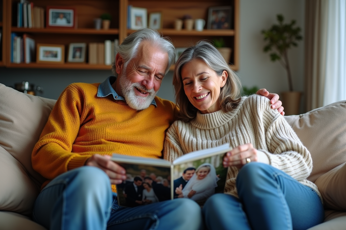 Couple d adultes regardant un album photo dans le salon