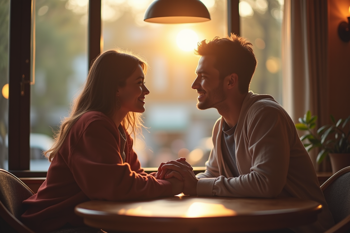 Couple tenant main dans un café chaleureux