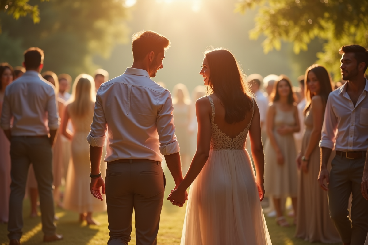 Couple se tenant la main lors d'une fête en plein air
