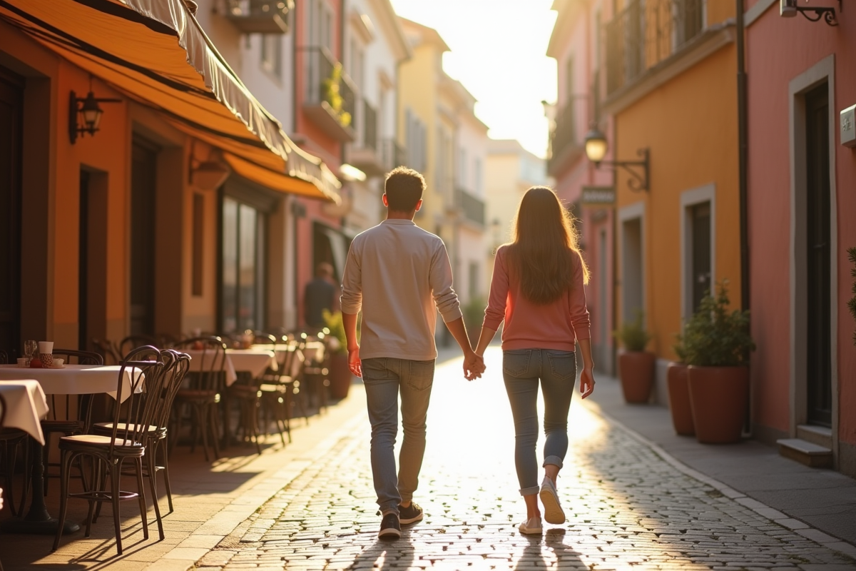 Jeune couple marchant main dans la main dans une rue pavée en Europe