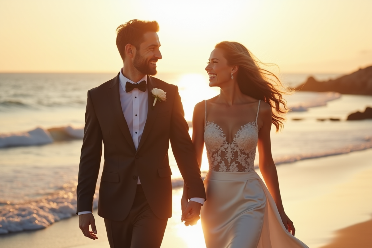 Couple de mariage heureux sur la côte danoise en plein air