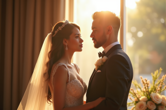 Couple de mariés regardant au loin dans une lumière douce