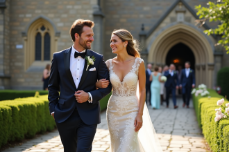 Jeune couple marié marchant devant une église ancienne