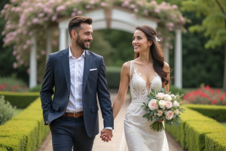 Couple souriant en mariage dans un jardin fleuri