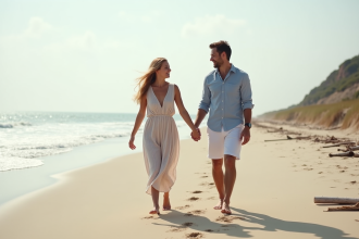 Jeune couple marié marche sur la plage en été