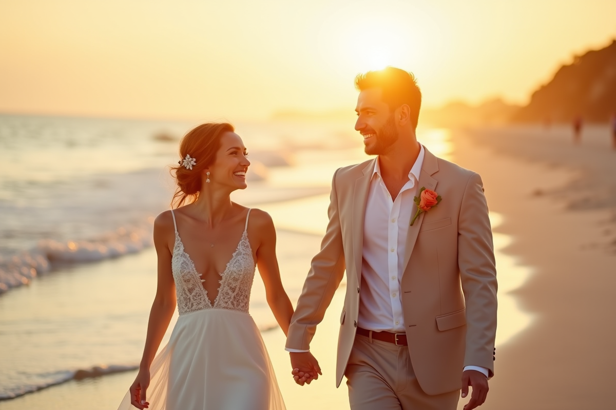Jeune couple marié riant sur la plage au coucher de soleil