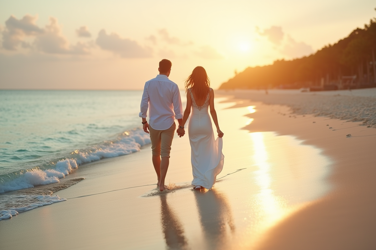 Couple de jeunes mariés marchant sur la plage au coucher du soleil