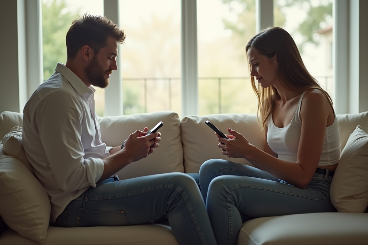 Jeune couple marié assis séparément sur le canapé avec smartphones