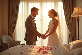Jeune couple marié main dans la main dans une suite lumineuse