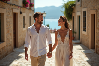 Jeune couple en voyage romantique dans un village méditerranéen