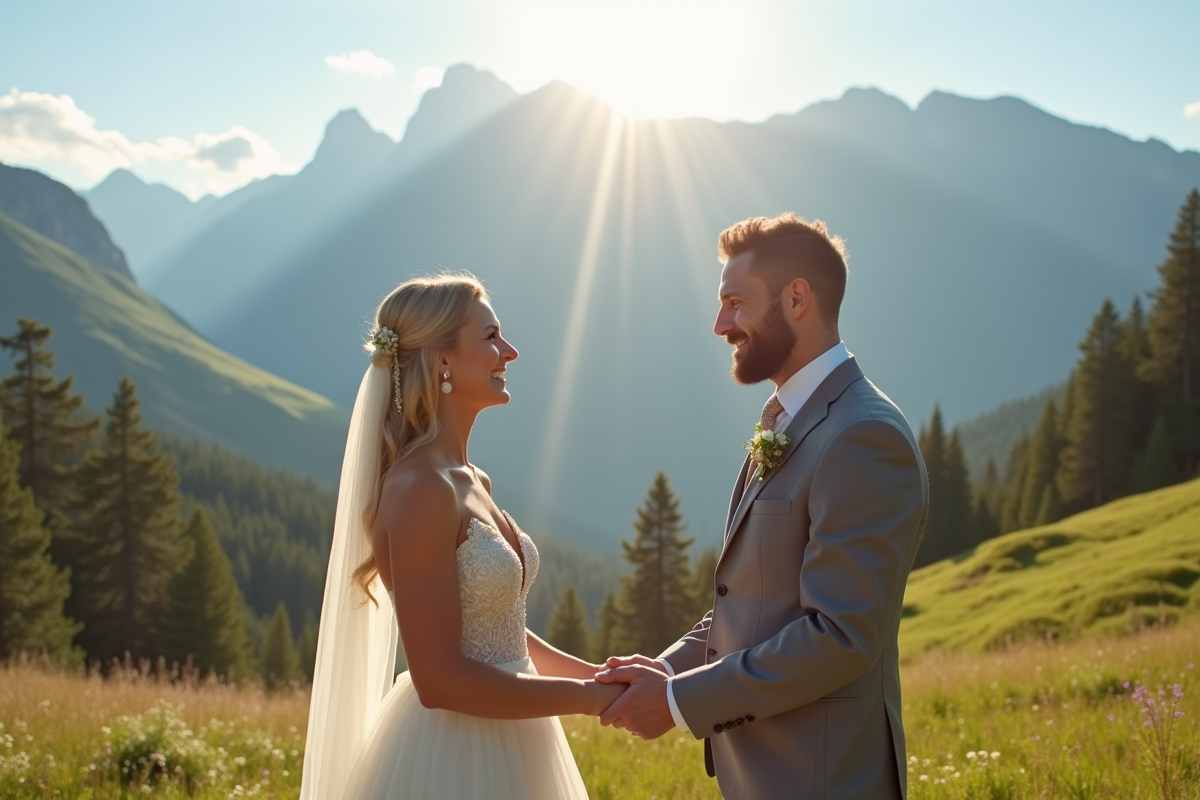Couple heureux échangeant leurs vœux devant une montagne