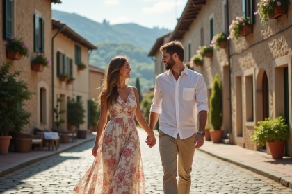 Jeune couple romantique dans un village europ&eacute;en en fleurs