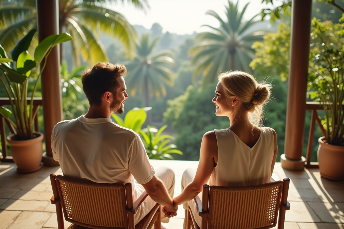 Jeune couple marié sur une terrasse tropicale en vacances