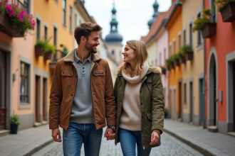 Jeune couple en vacances dans une ville européenne colorée