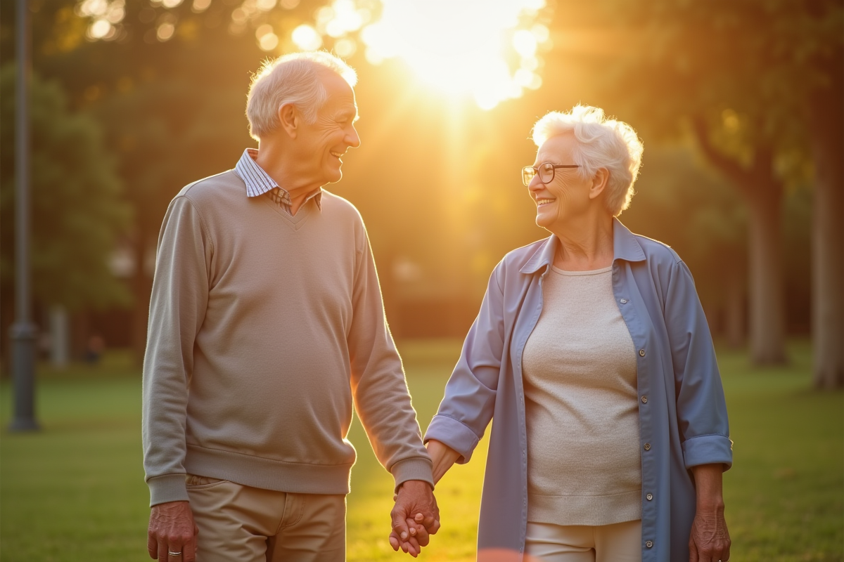 Couple âgé main dans la main dans un parc ensoleille avec bagues de mariage