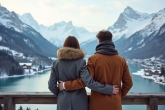 Jeune couple regardant les Alpes enneigées depuis une plateforme en bois