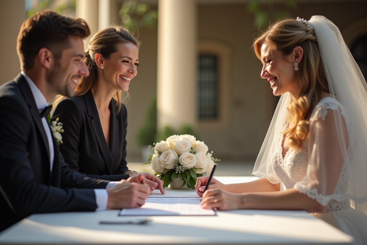 Deux personnes élégantes signent un document de mariage lors d'une cérémonie