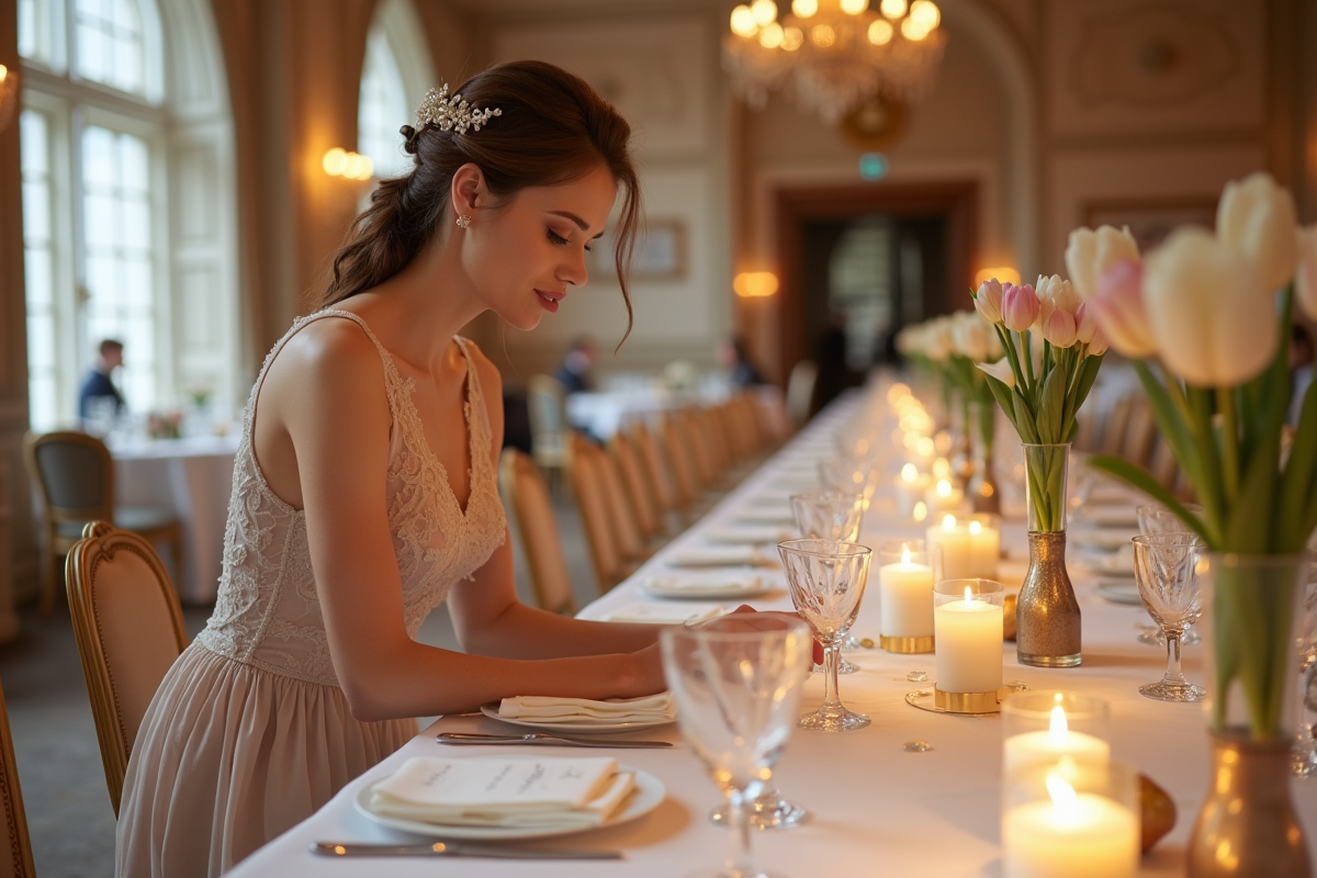Femme décorant une table de mariage intérieure